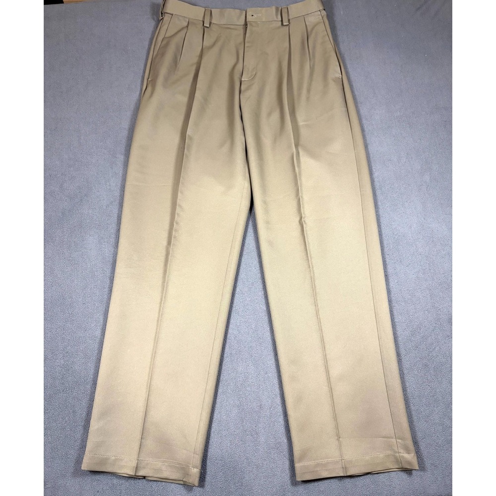 Haggar Dress Pants Mens 33x32 Beige Regular Fit Pleated Comfort Waistband Career